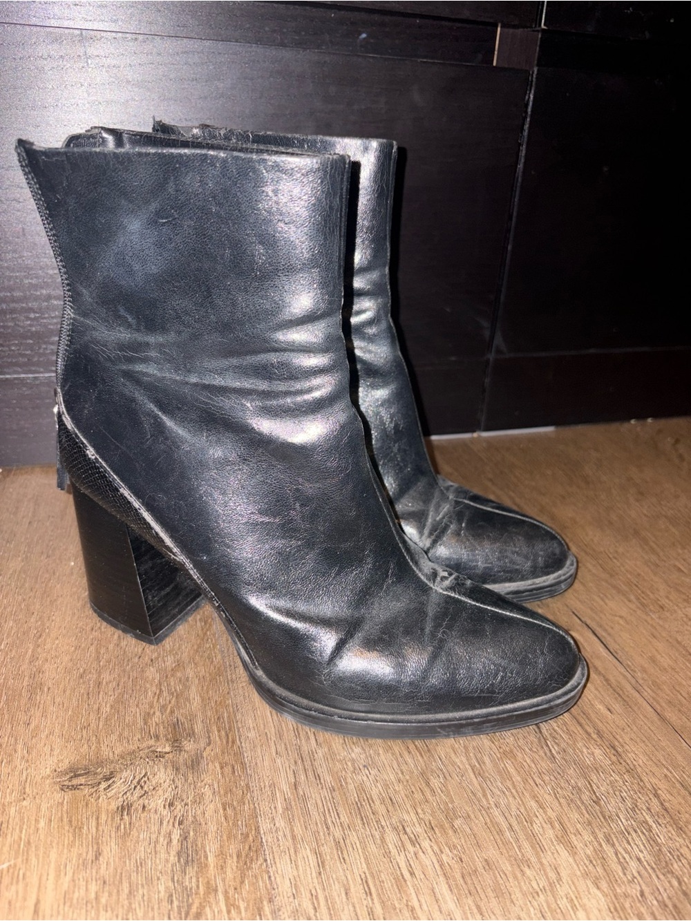 Zara Black Leather High Block Heel Ankle Boots